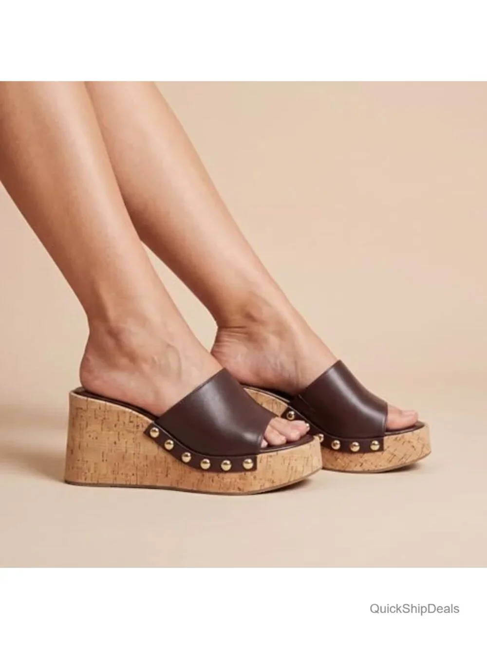 Faux Leather Platform Wedge Sandals Slip On Open Toe Non-Slip Casual Dressy